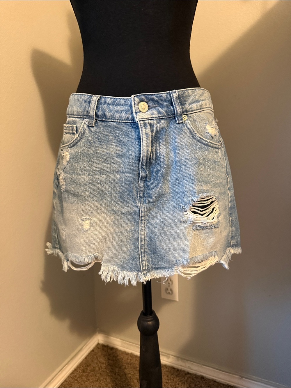 We The Free Light Blue Distressed Denim Mini Skirt